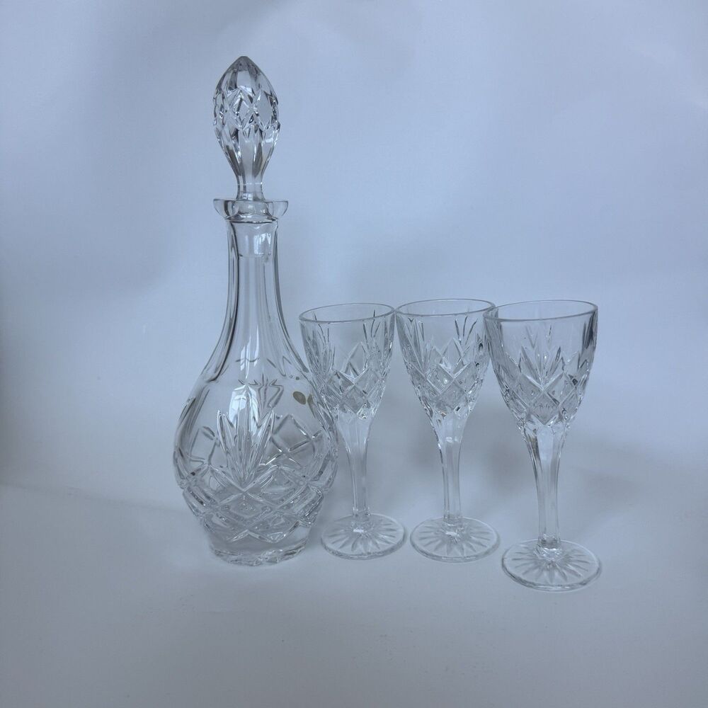 Crystal Liqueur Set Decanter & 3 Glass Czech Republic Jihlavske Bohemia Sklarny